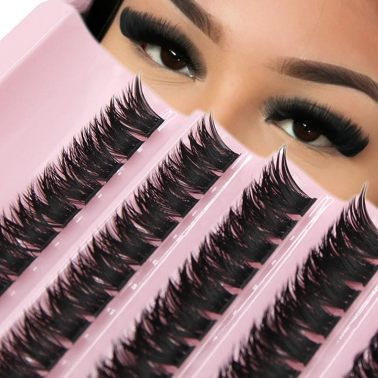 Close-up of DIY cluster lashes 8-16mm in a pink tray with a model&